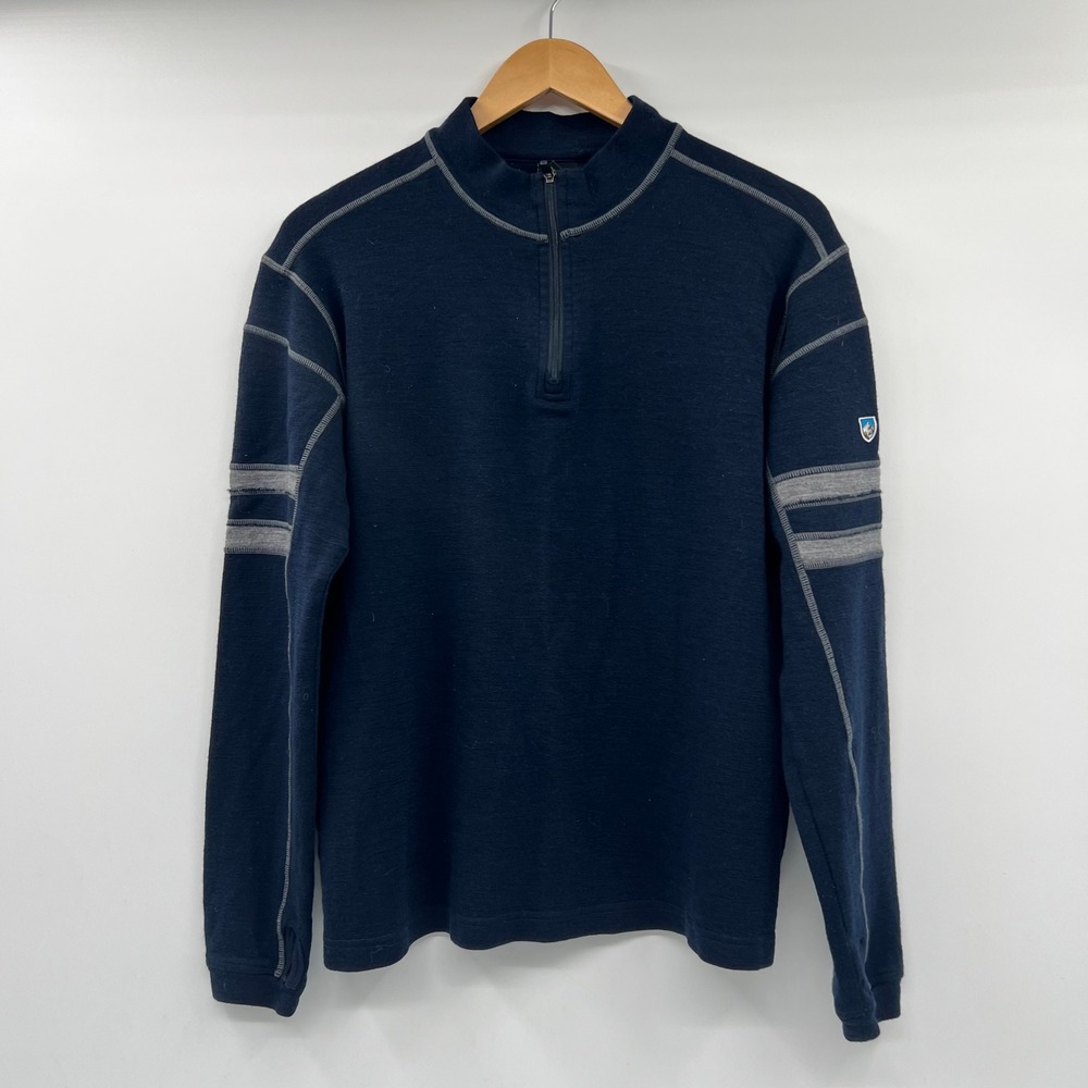 Kuhl Womens Navy Blue Quarter Zip Pullover Thumbhole Stripe Sweater Large - Picture 13 of 13